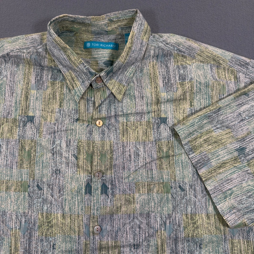 Tori Richard Mens Green Abstract Cotton Lawn Aloha Shirt Large